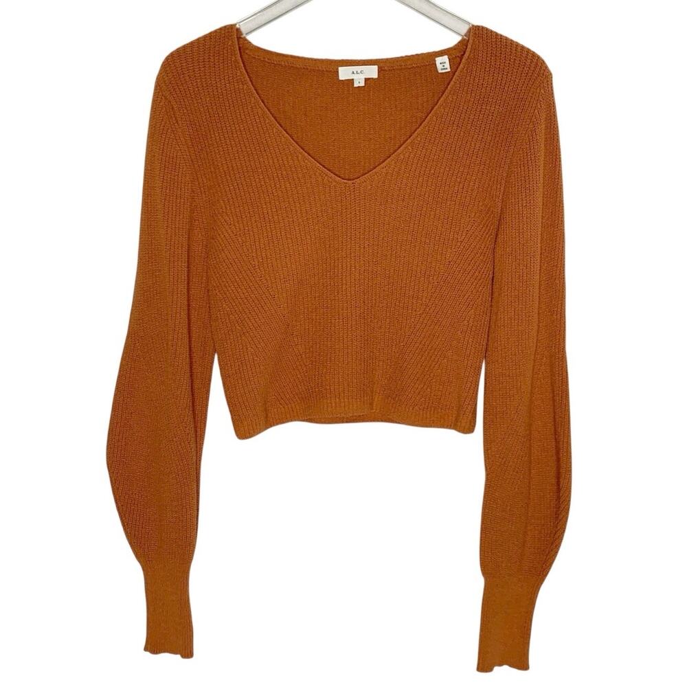 A.L.C. Kimby Sweater S Burnt Terracotta Orange V Neckline Balloon Sleeves Crop